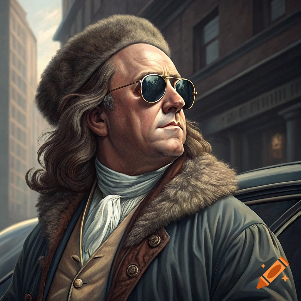 Portrait of Benjamin Franklin wearing sunglasses, a fur hat, and coat in a city.