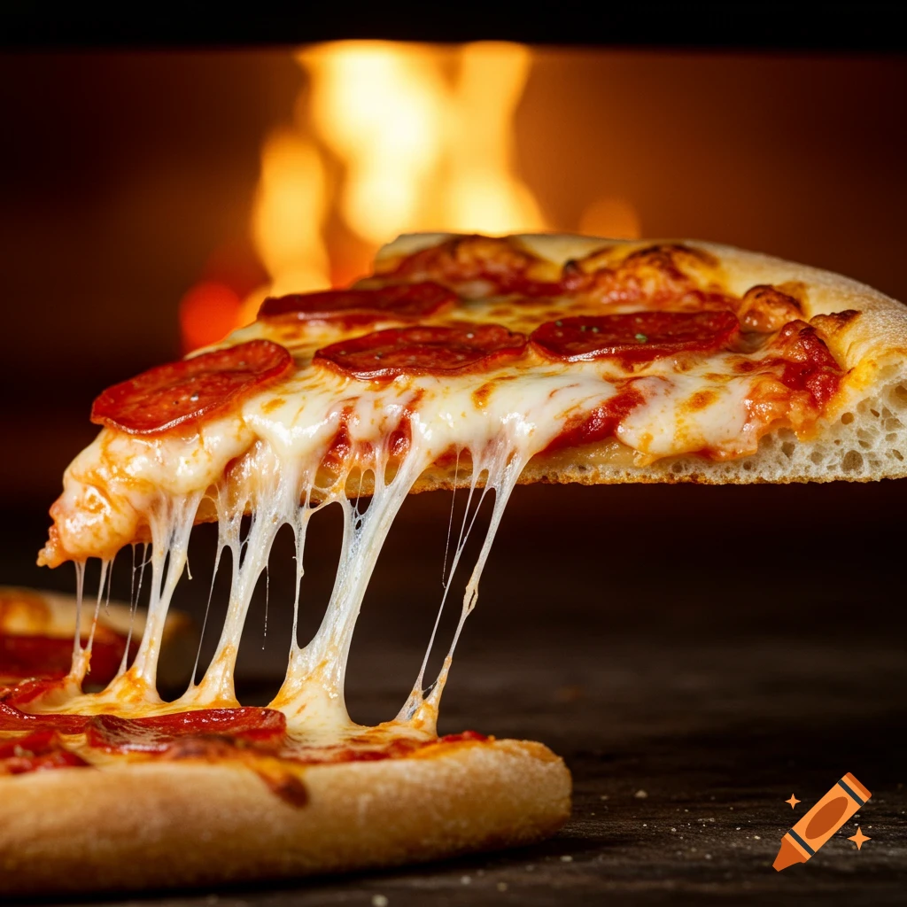 A slice of pepperoni pizza with melted cheese being pulled from the rest of the pizza, showing a cheese stretch, with a pizza oven and fire in the background.