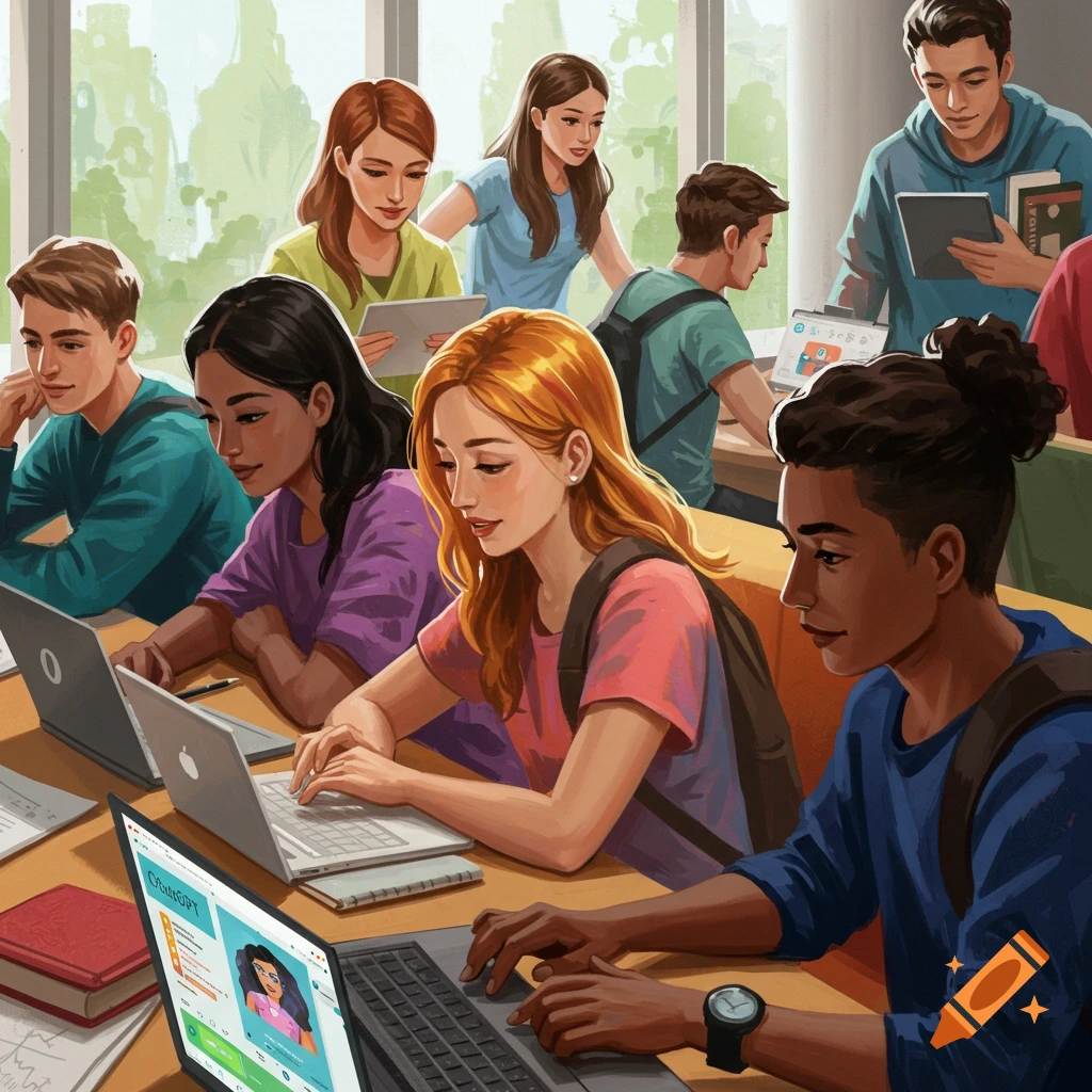 Students using laptops in a college classroom