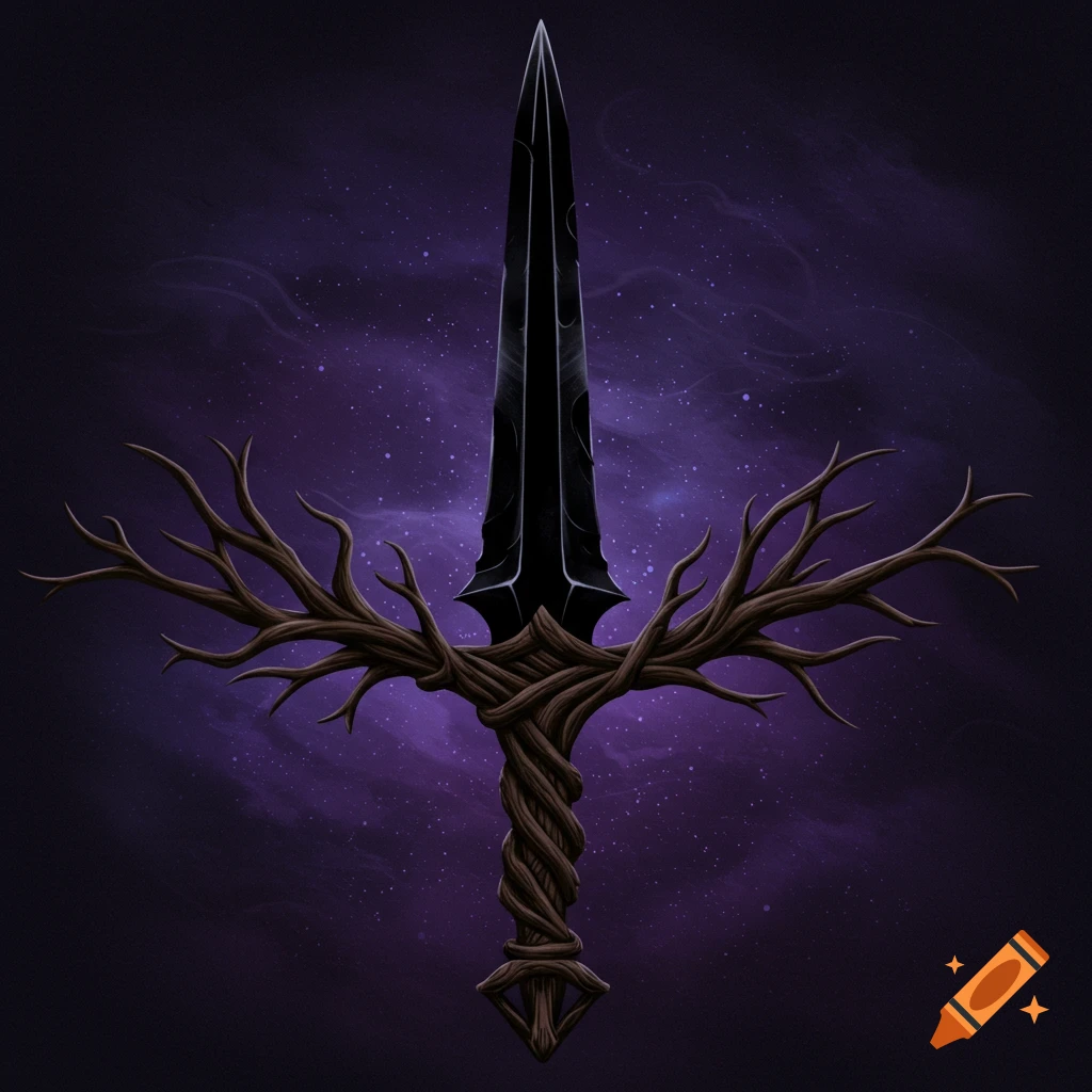 A black bladed sword with a handle made of roots, set against a purple, starry space background.
