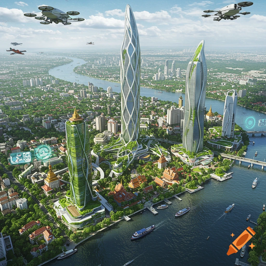 Aerial view of a futuristic city along a river with tall, organic buildings, lush greenery, boats, and flying vehicles.