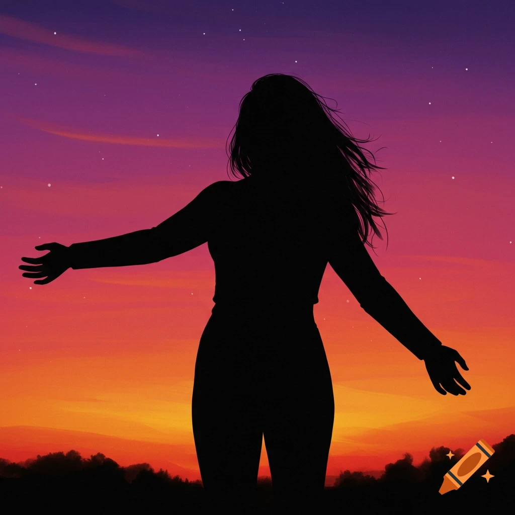 Silhouette of a woman with arms outstretched against a vibrant purple and orange sunset sky with stars.