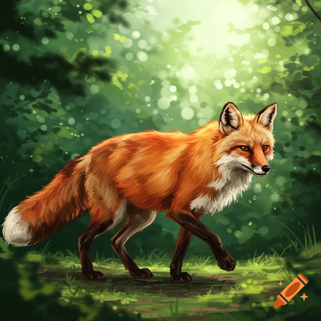 A red fox walking through a forest clearing.