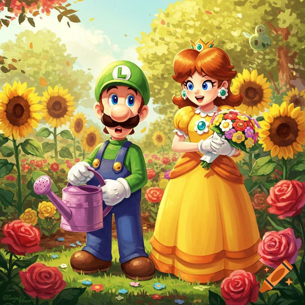 Luigi watering flowers and Daisy holding a bouquet in a garden with sunflowers and roses.