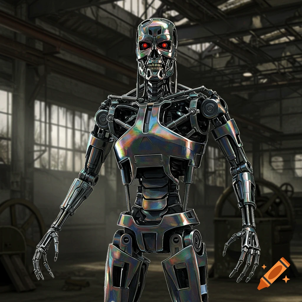 A chrome robot skeleton with red eyes stands in a factory. Digital art.