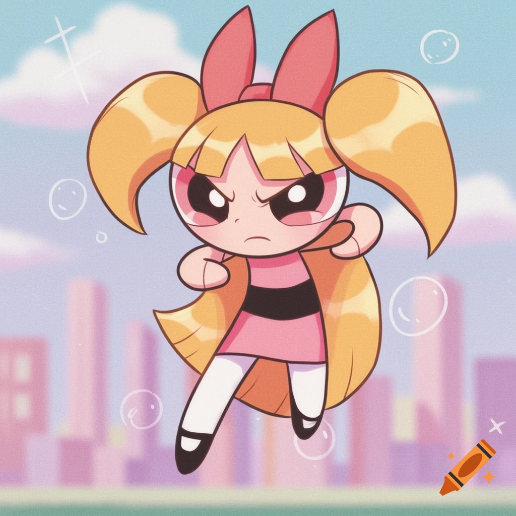 Blossom from Powerpuff Girls in a pink dress and pigtails, floating ...