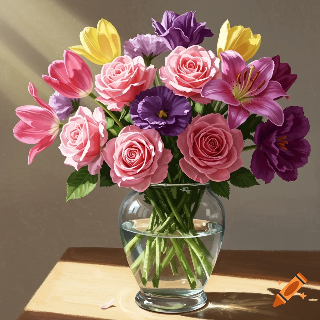 A bouquet of mixed flowers in a glass vase on a table, illuminated by sunlight.