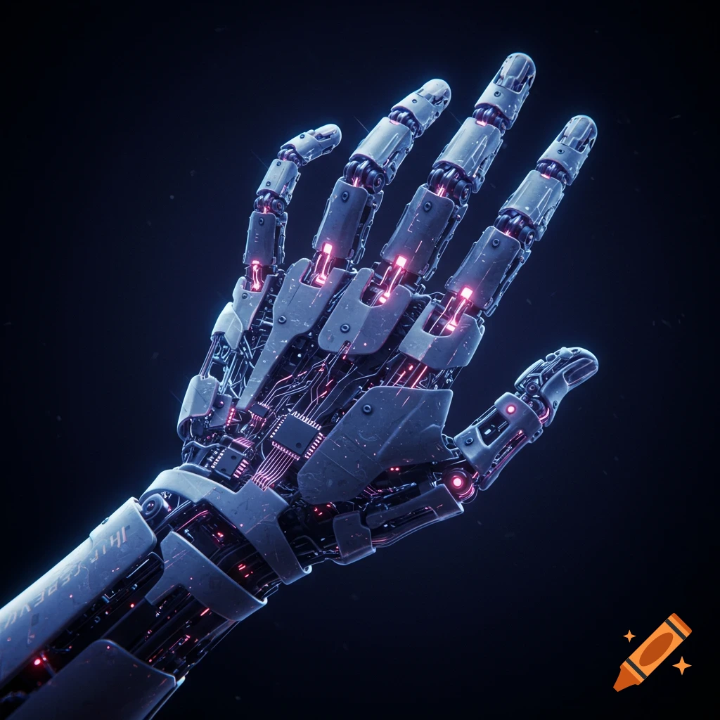 Detailed robotic hand against a dark background.