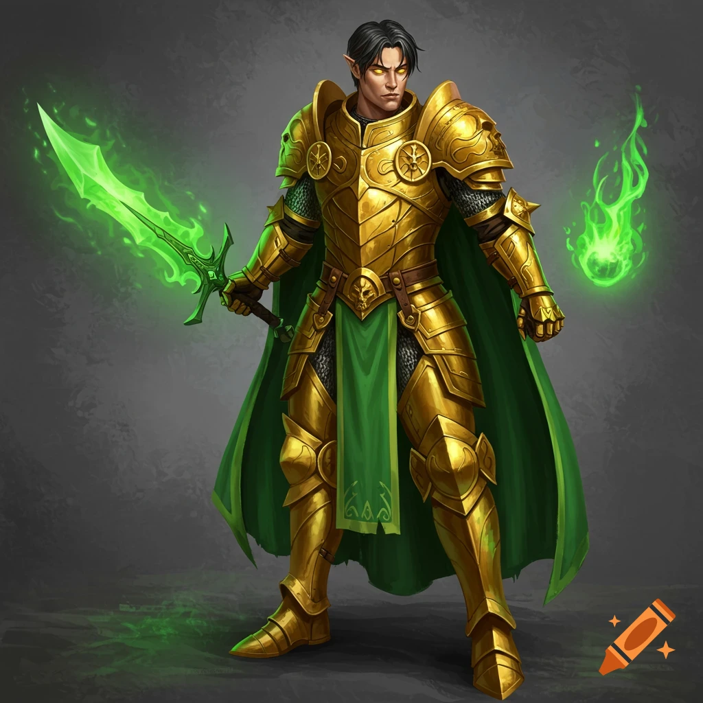 A male paladin in golden armor holds a green flame sword, with green magic fire.