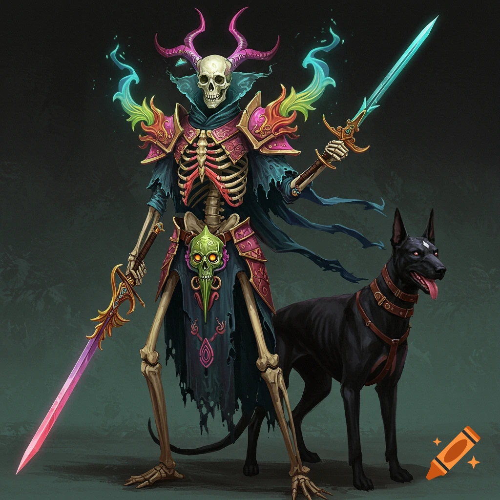 A colorful skeleton ranger with swords stands beside a black dog.