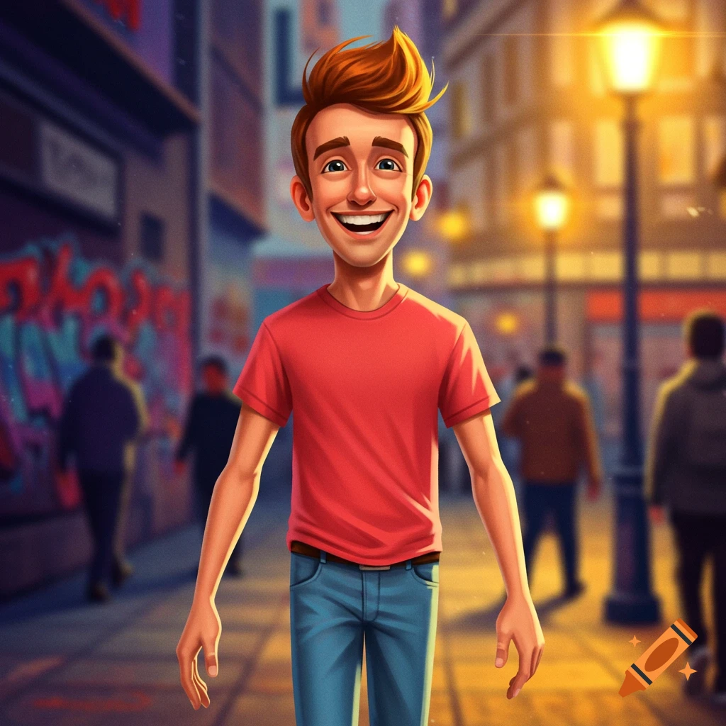 A cartoon-style young man with spiky hair, wearing a red t-shirt and jeans, walks down a street at night.