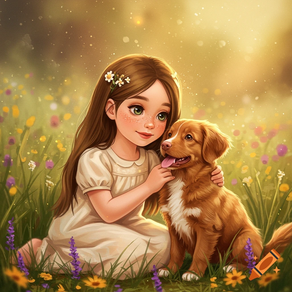 A girl petting a dog in a sunny meadow with wildflowers.
