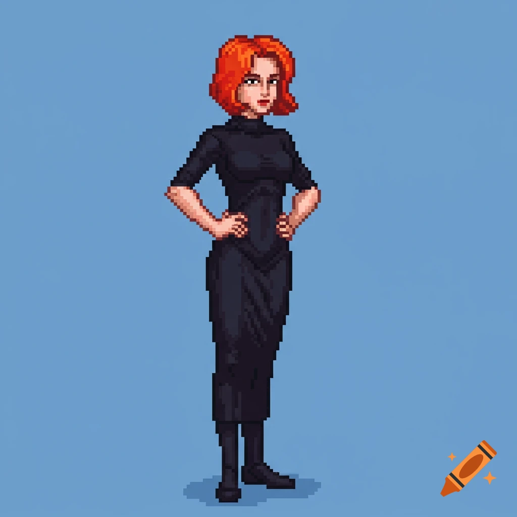 Pixel art of a woman with red hair in a black dress standing with hands on hips.