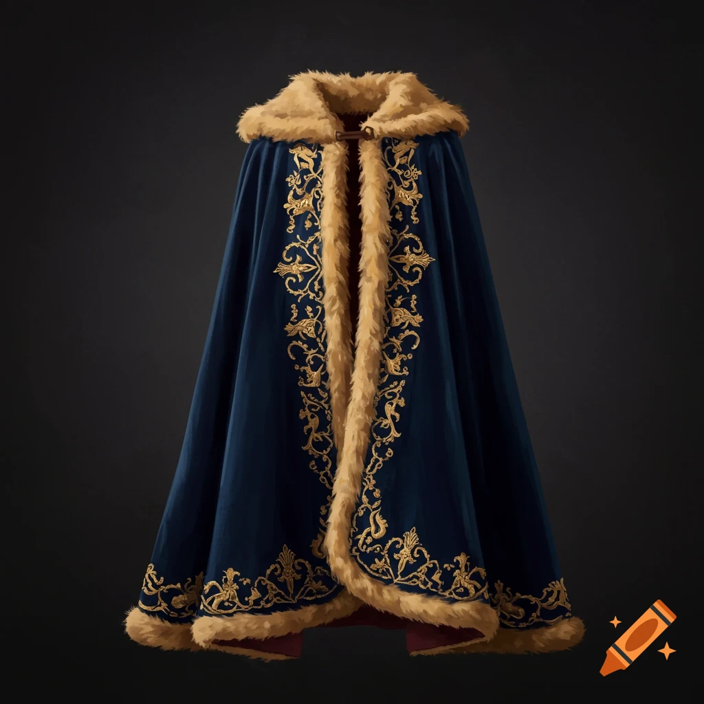 A blue velvet cape with tan fur trim and gold embroidery.