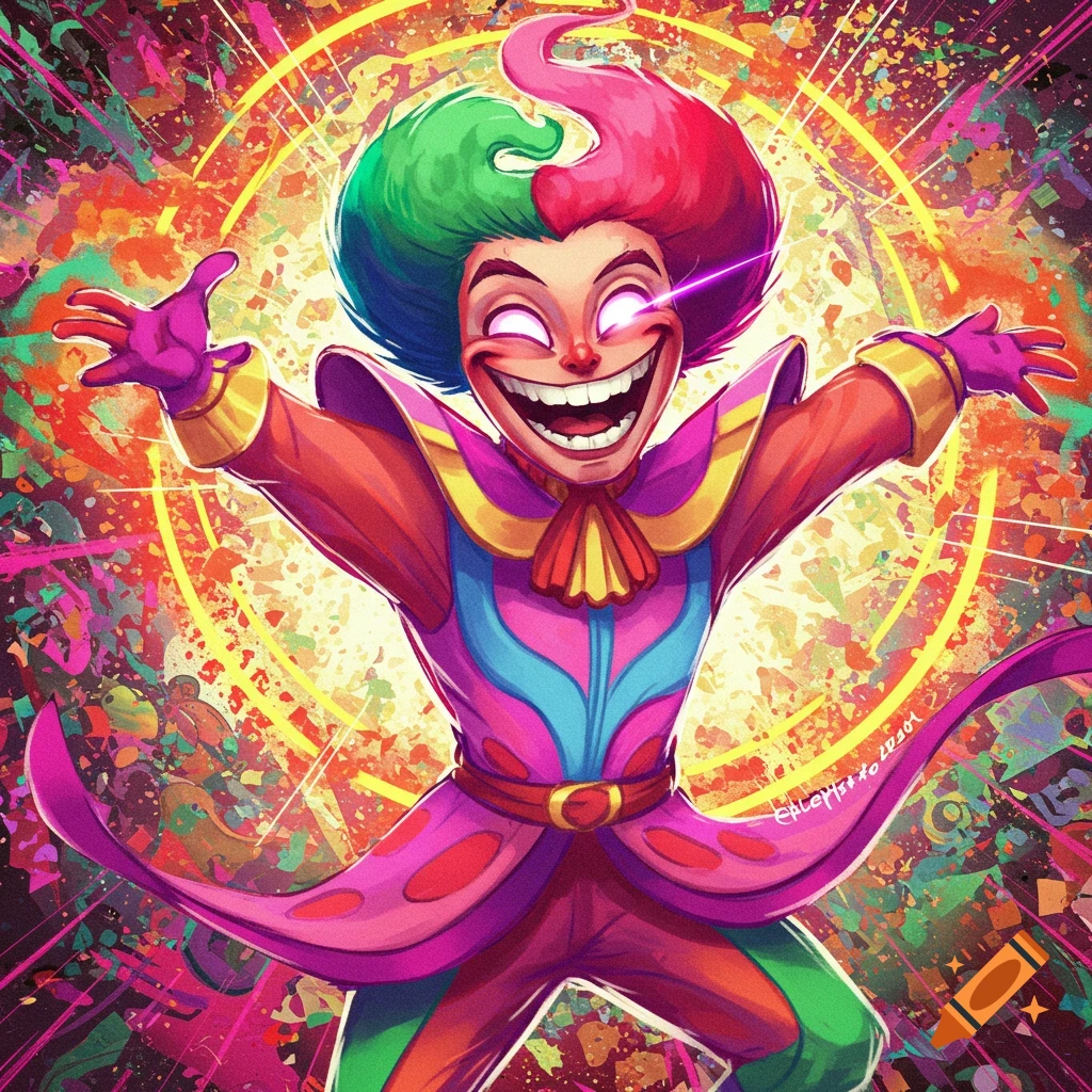 Colorful, energetic clown character with glowing eyes and rainbow hair, striking a dynamic pose against a bright, abstract background.