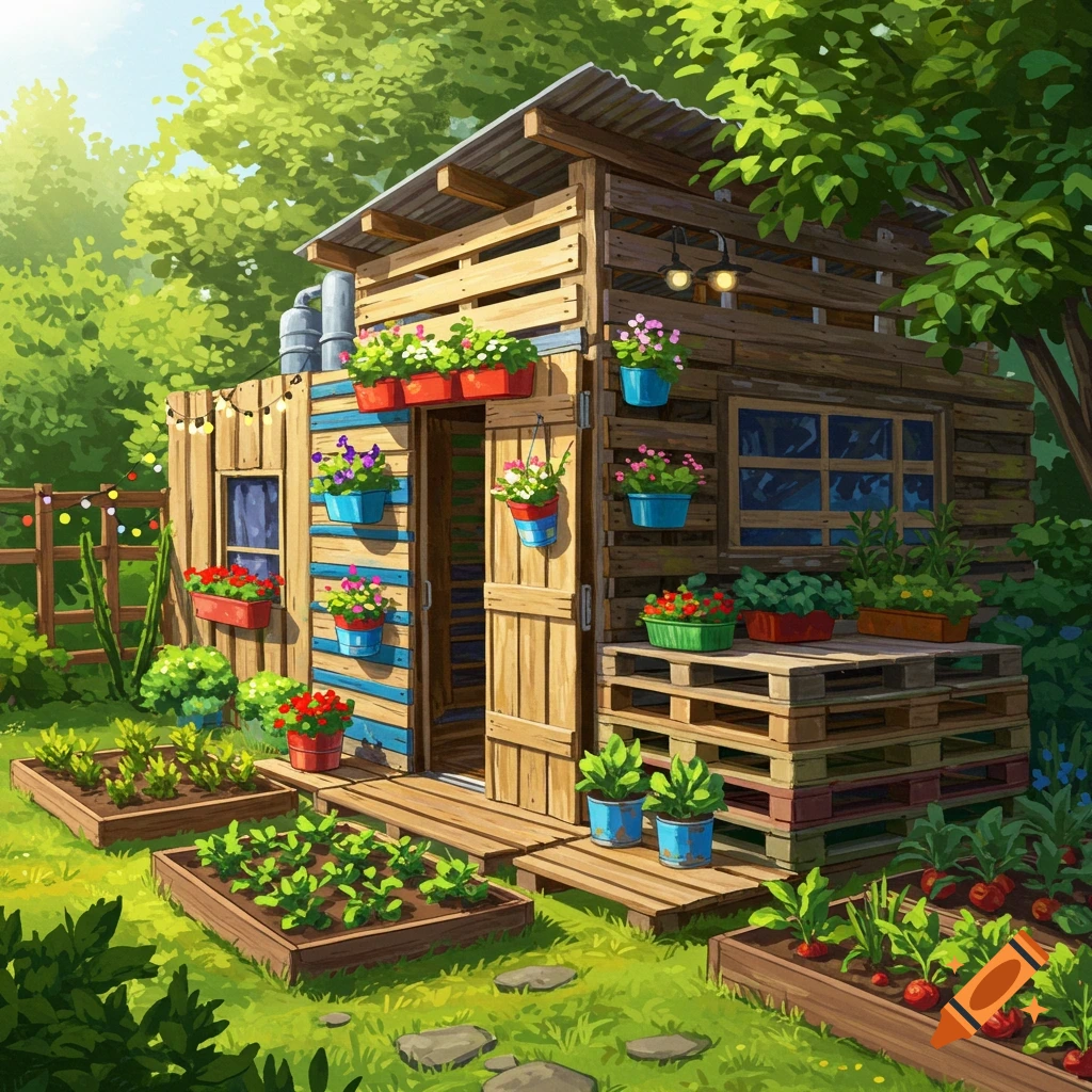 A pallet garden shed surrounded by raised vegetable beds and flowers.