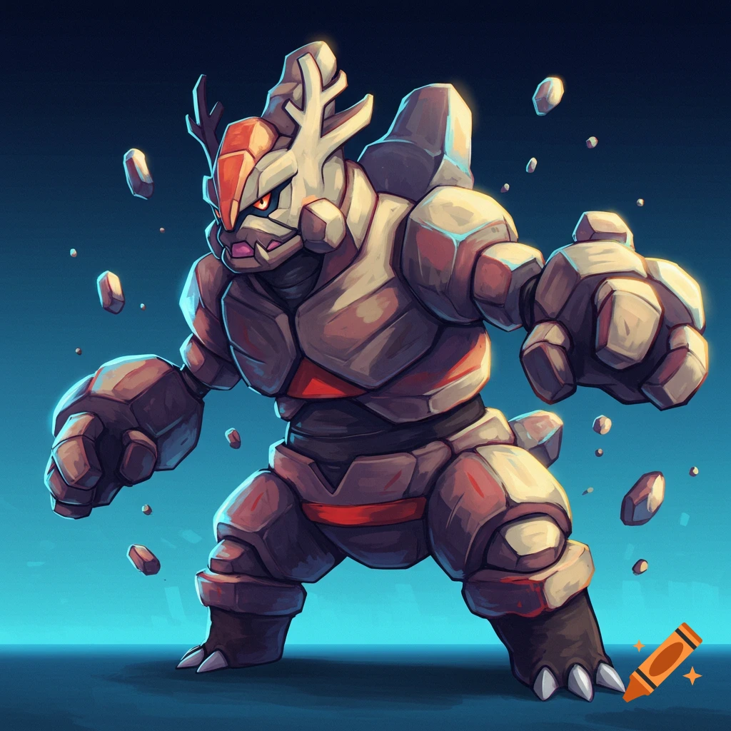The rocky Pok
																																																																																																															
émon Stakataka is depicted with floating rocks