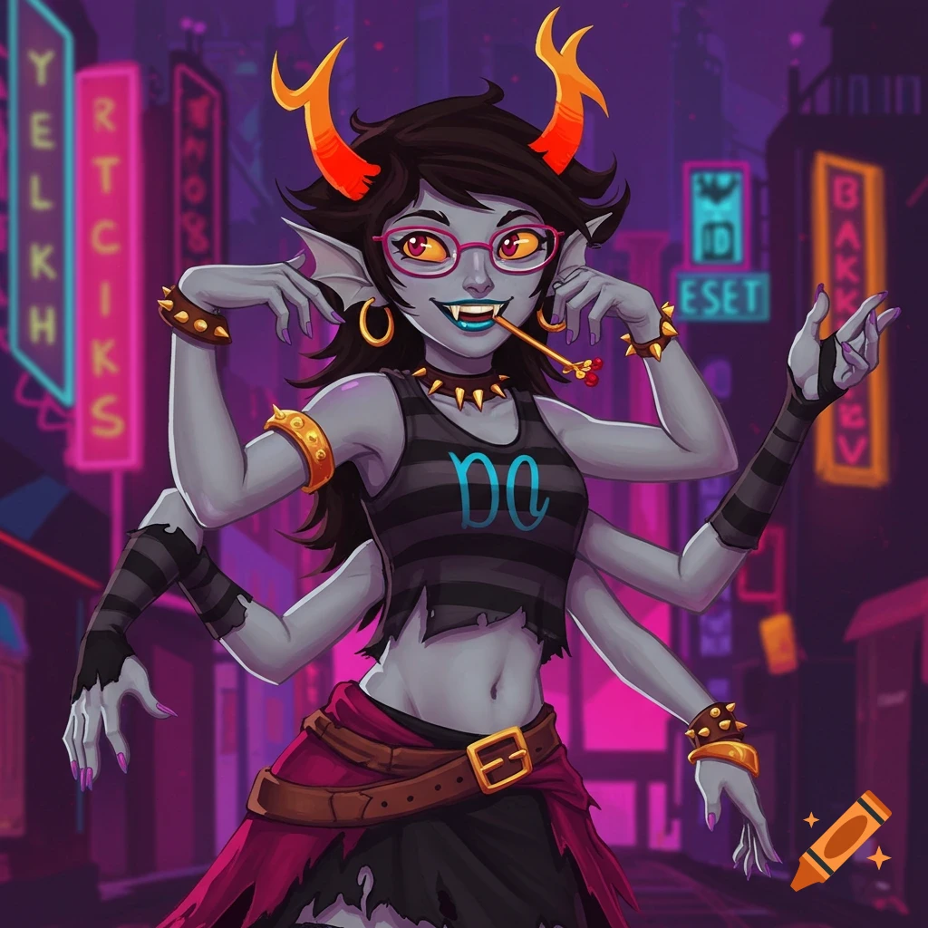 An illustration of a character with multiple arms, horns, and fangs in a neon-lit city street.