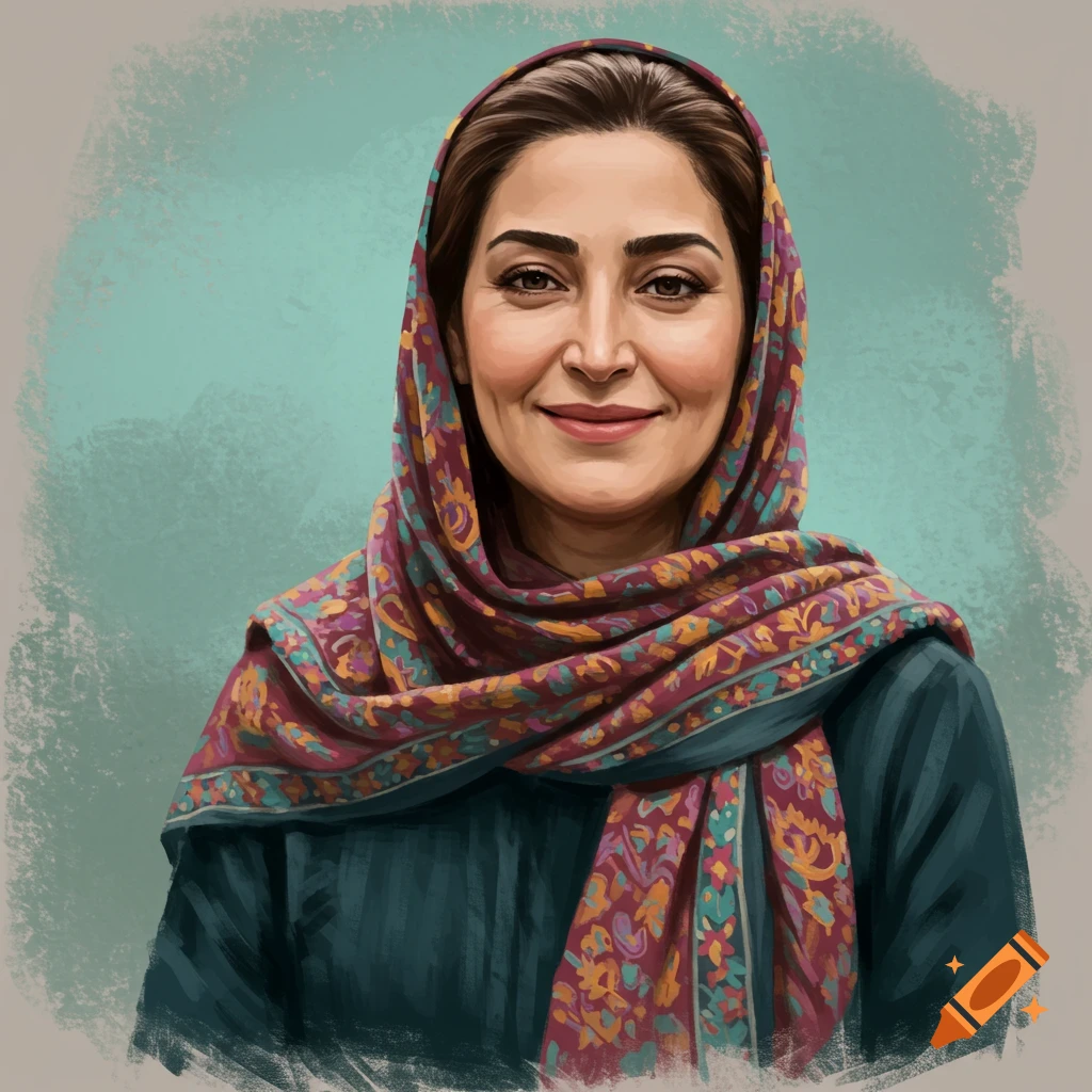 Portrait of a woman smiling while wearing a patterned headscarf.