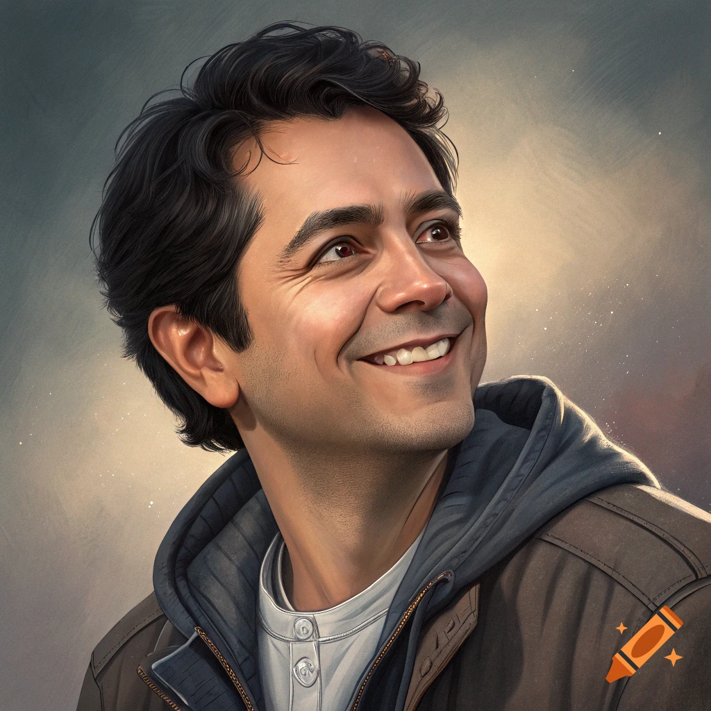 Realistic illustration of a man smiling and looking up.