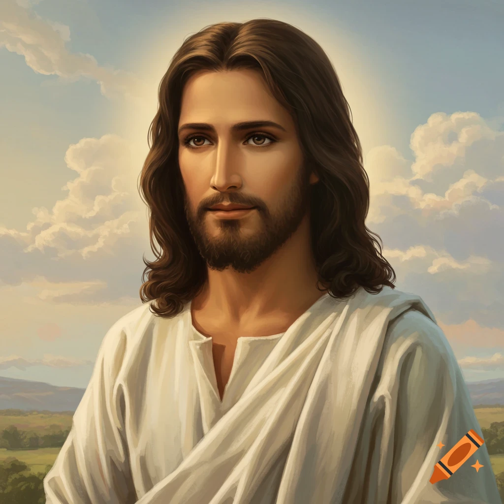 Portrait of Jesus with long brown hair and beard, wearing a white robe, against a cloudy sky and landscape.