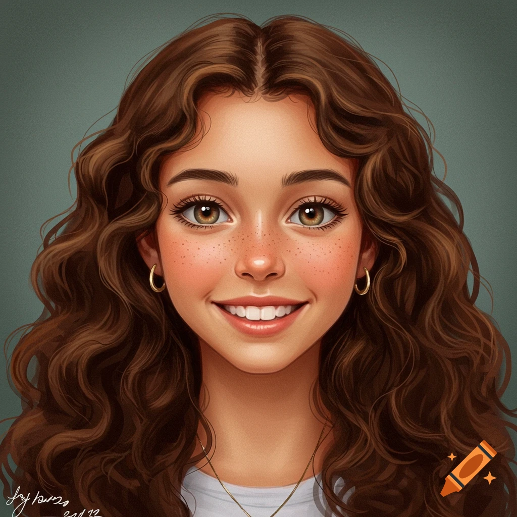 A young woman with long curly brown hair, freckles, and a gentle smile.