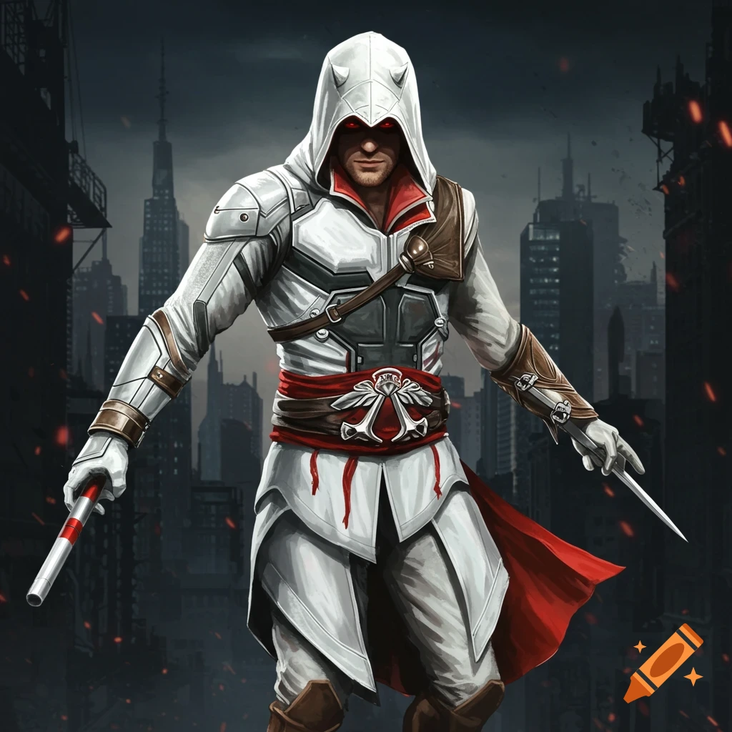 A character in a white hooded assassin outfit with red accents, holding weapons in an urban background.