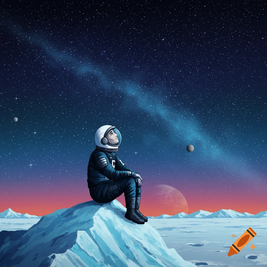 An astronaut sitting on an icy peak, looking up at a starry sky with planets.