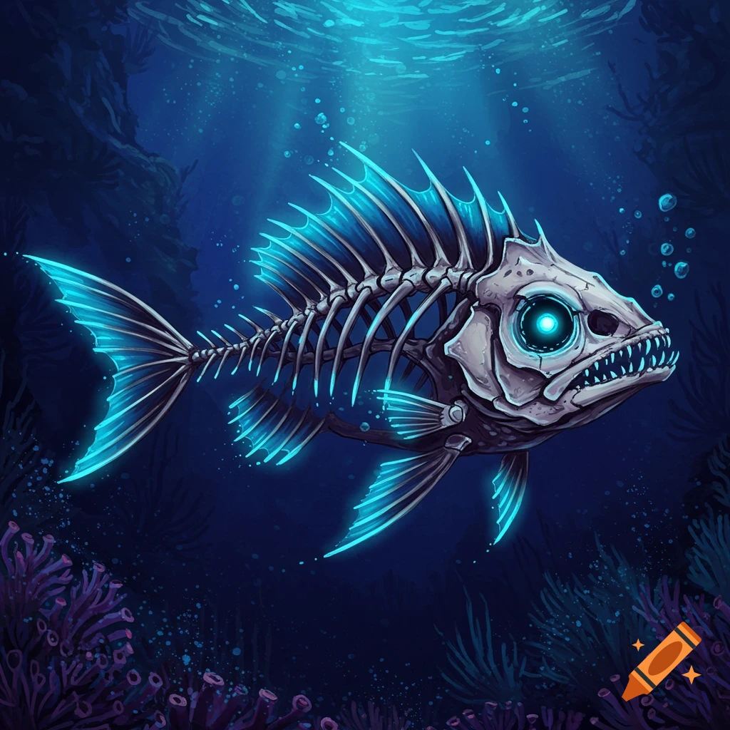 A glowing skeletal fish swims in deep blue water with coral and rays of light.
