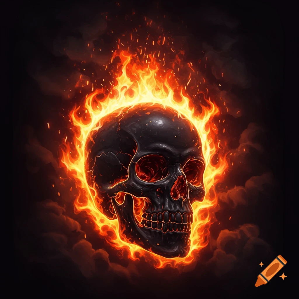 A black skull is engulfed in bright orange flames against a dark smoky background.