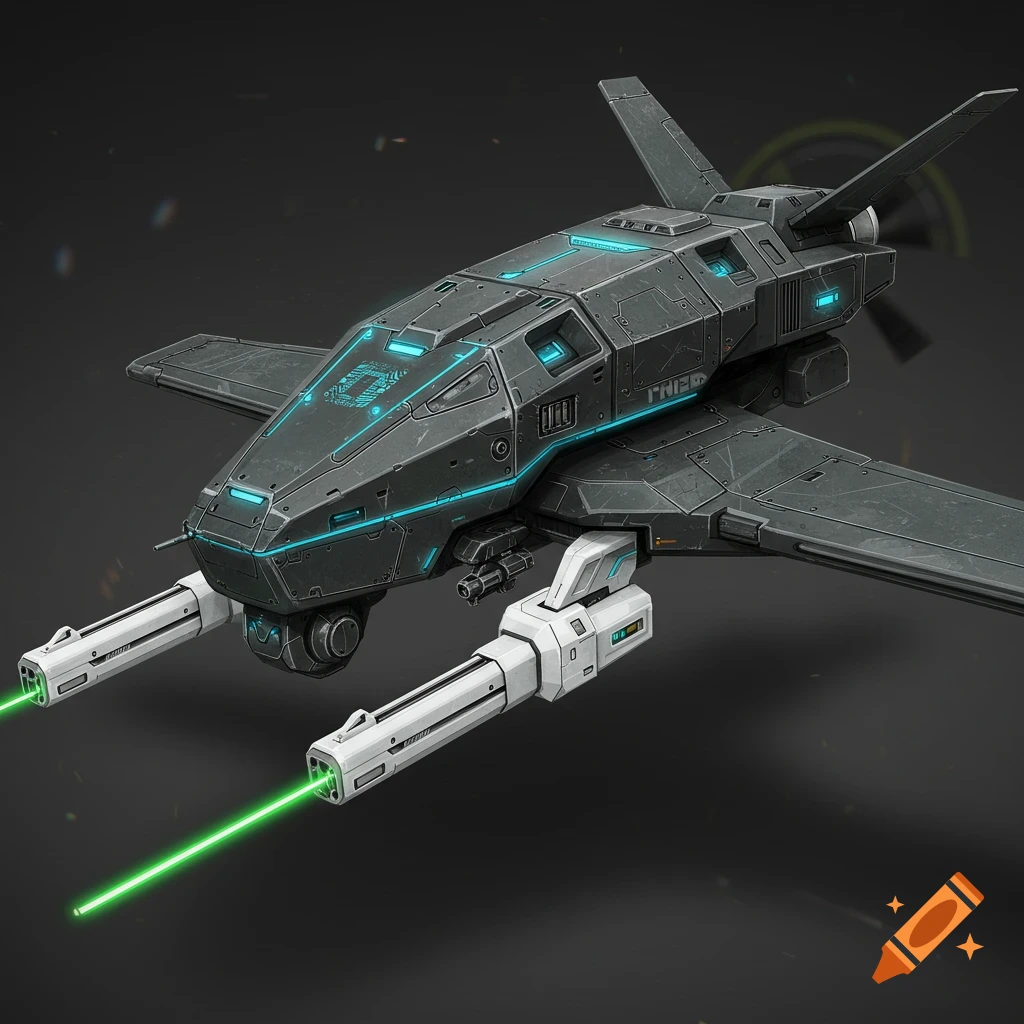 A futuristic military drone with white laser cannons firing green beams.