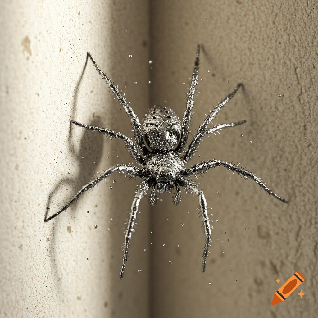 A highly detailed image of a spider covered in silver splatters, clinging to the corner of two beige walls.