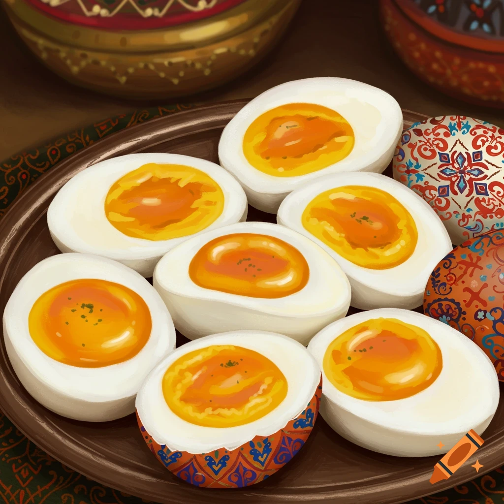 Several half-boiled eggs are on a plate, some with patterned shells.