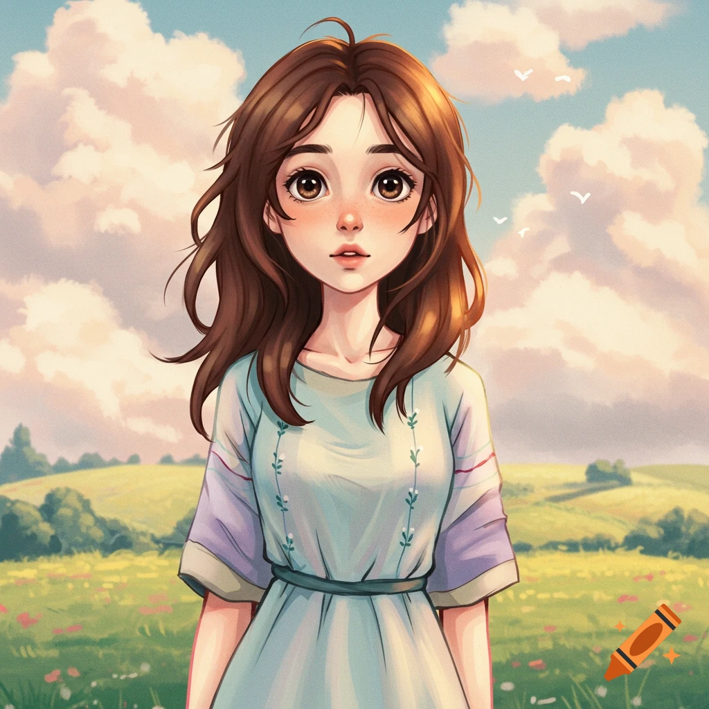 A young girl with brown hair in a dress stands in a field under a cloudy sky.