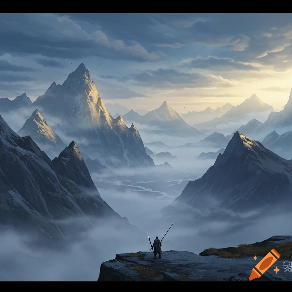 A figure holding a spear overlooking a vast, misty mountain landscape at dawn.