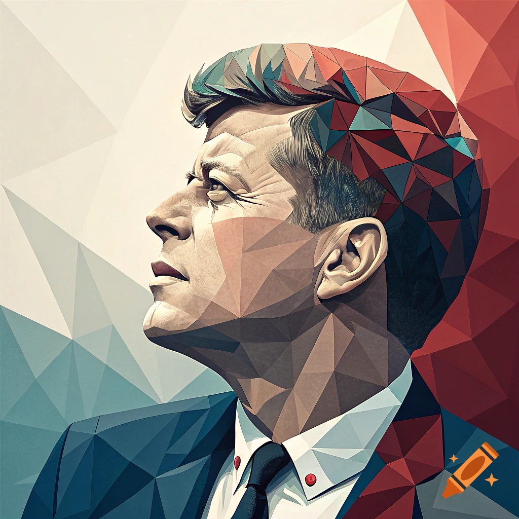 Geometric low-poly portrait of John F. Kennedy looking left with red and blue triangular facets.
