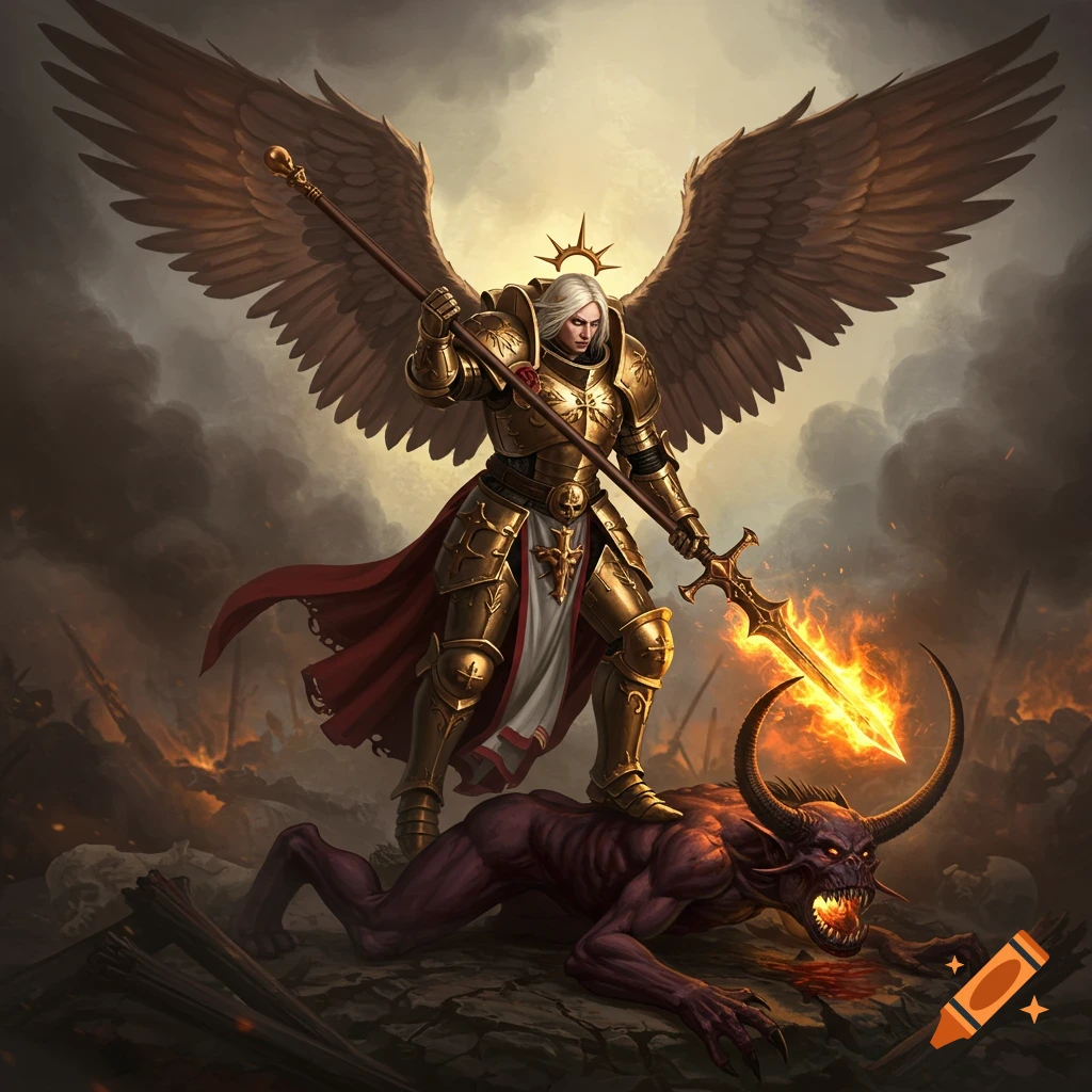 Angelic warrior in golden armor standing on a defeated demon on a smoky battlefield, grimdark fantasy art.
