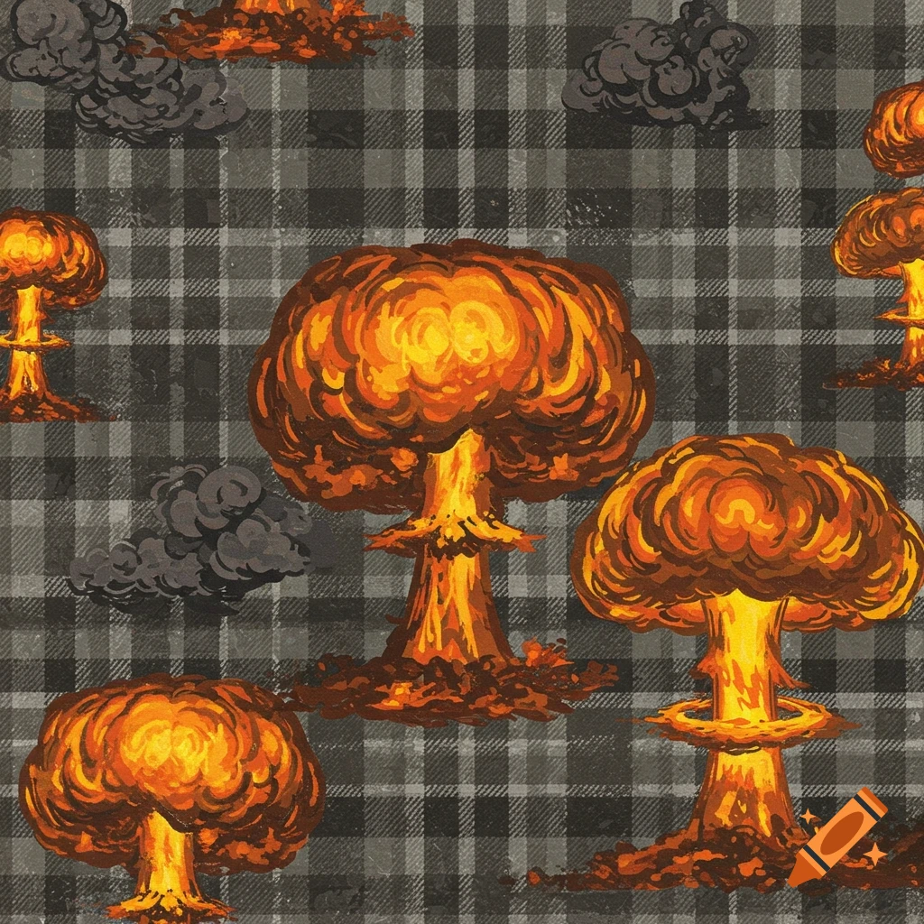 Pattern of orange and gray mushroom clouds on a gray tartan background.
