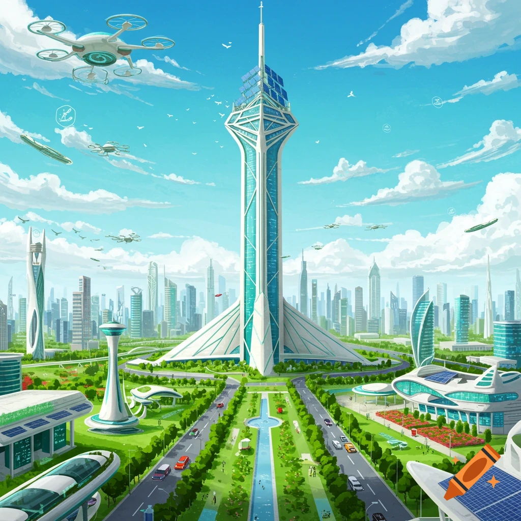 A detailed illustration of a futuristic city with a tall tower, modern buildings, green parks, flying drones, and vehicles under a cloudy blue sky.