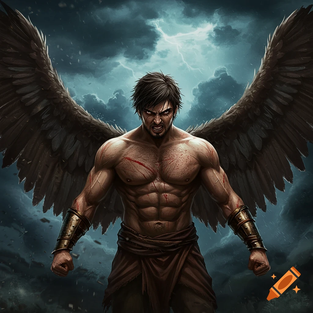 Muscular man with dark wings against a stormy sky.