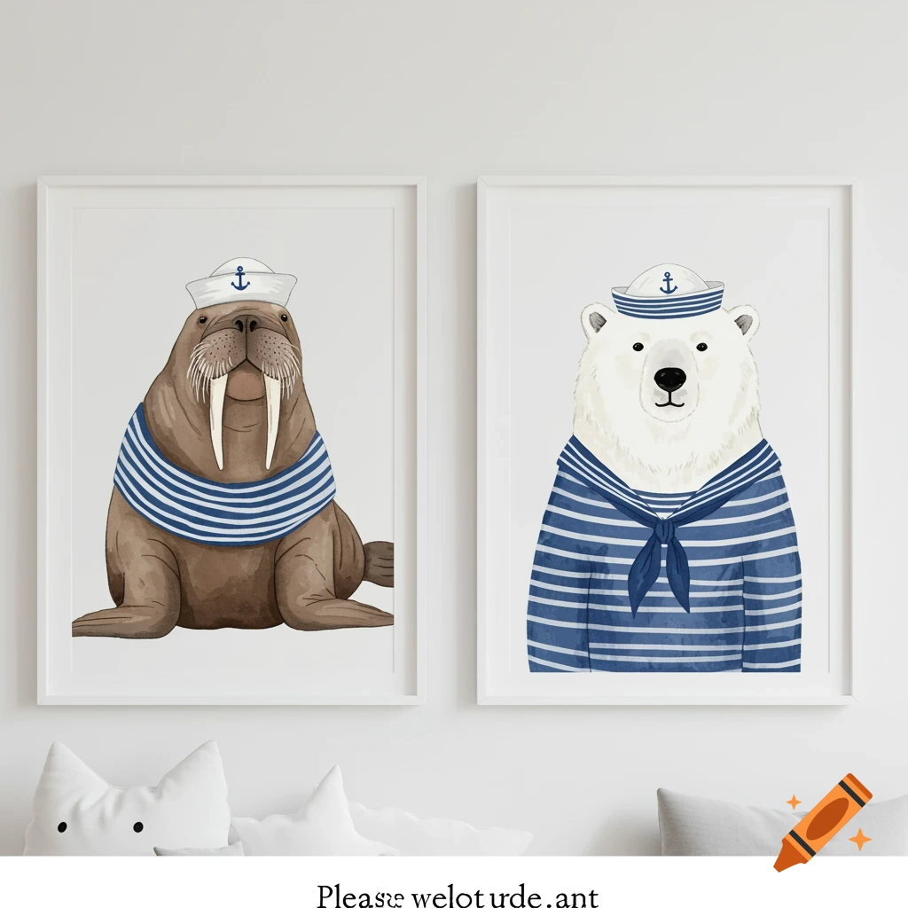 Two framed art prints on a wall: a walrus sailor and a polar bear sailor in a hand-drawn whimsical style.
