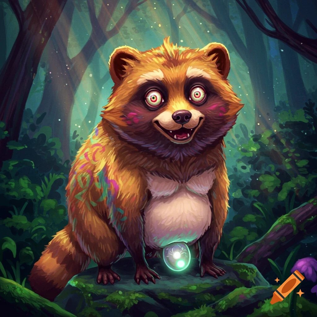 A smiling tanuki with wide eyes and colorful markings sits on a rock in a forest with a glowing object.