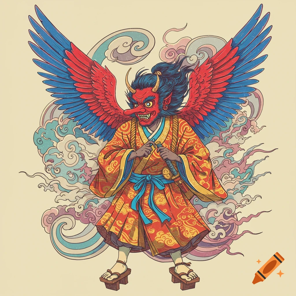 A Tengu figure with red and blue wings, wearing a detailed kimono, holding a sword, is shown against a background of swirling clouds.