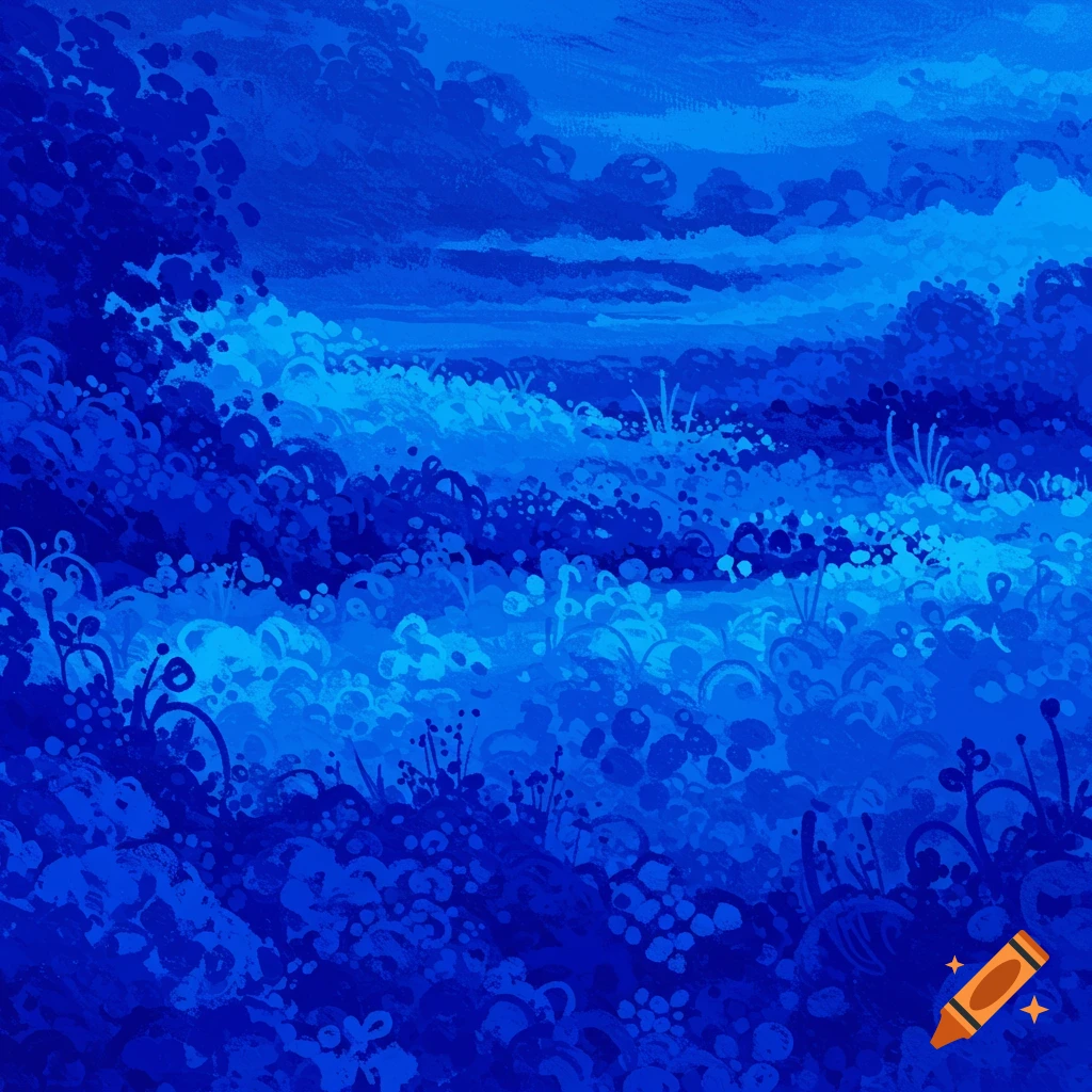 Blue landscape painting with stormy clouds and stylized plants
