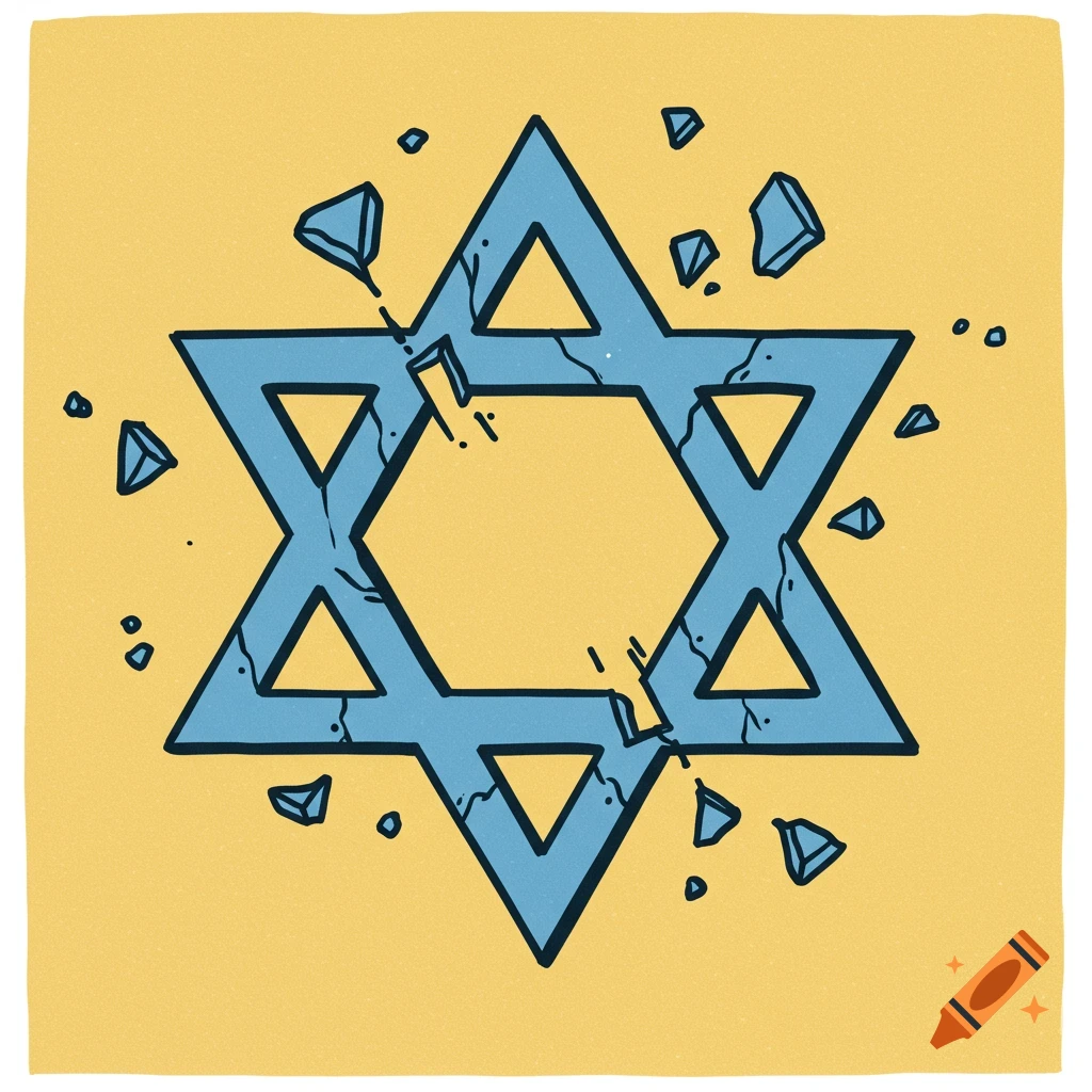 A simple, cartoonish illustration of a broken blue Star of David on a yellow background.