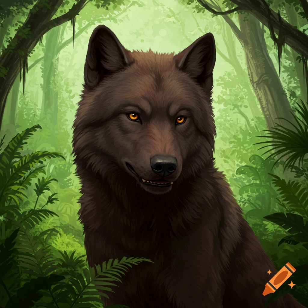 A brown wolf with orange eyes in a green forest.