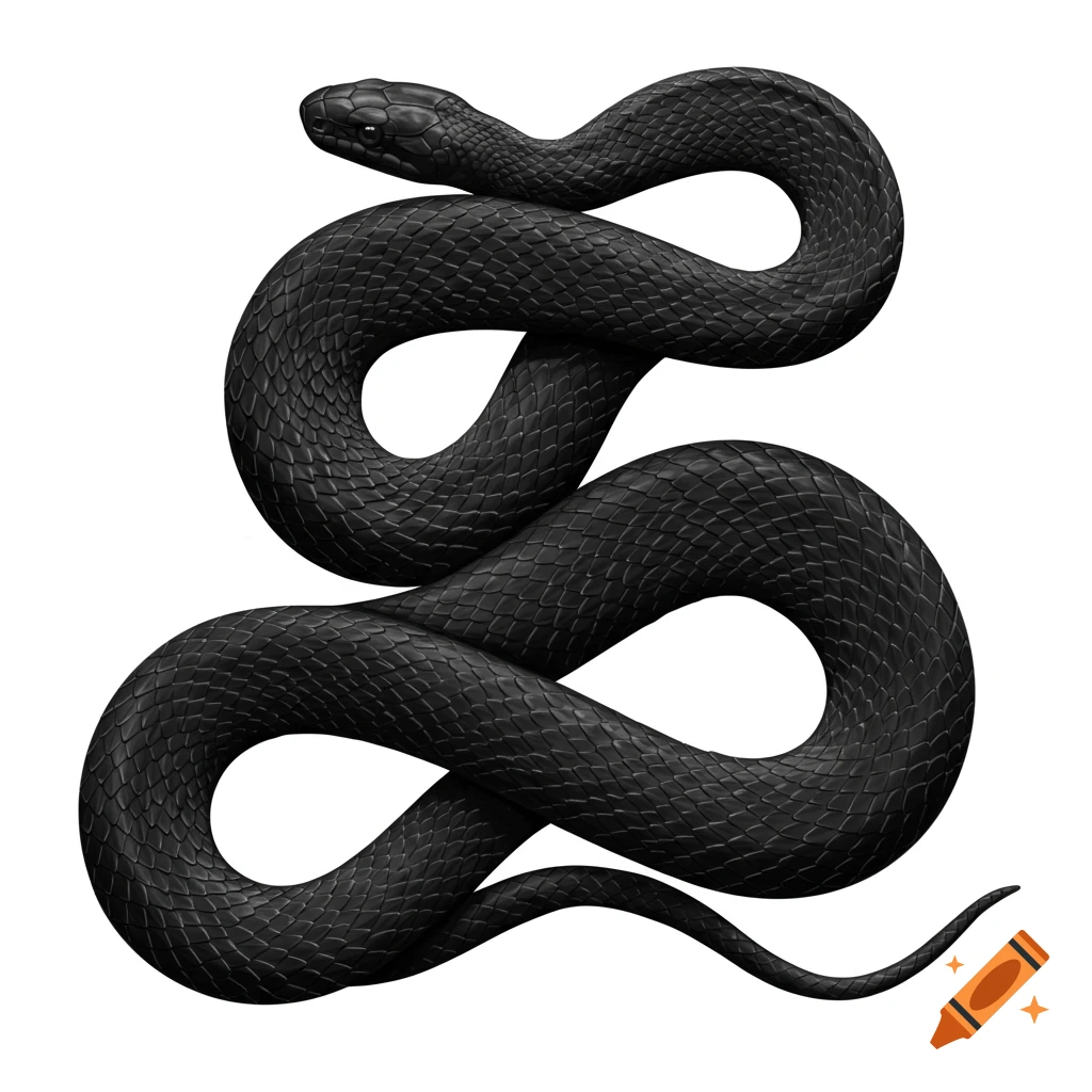 A black snake coils on a white background