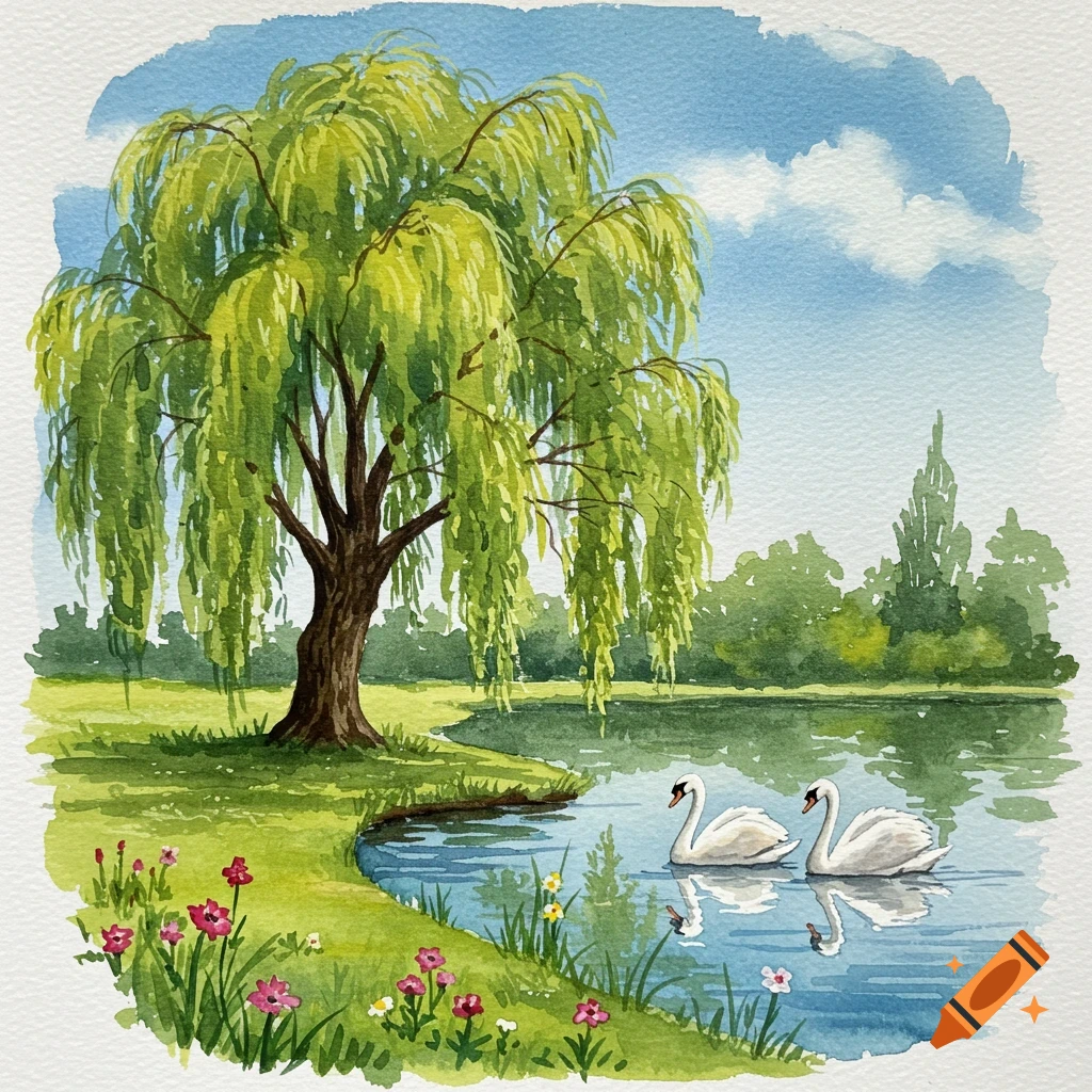 Watercolor painting of a weeping willow tree by a pond with swans and flowers.