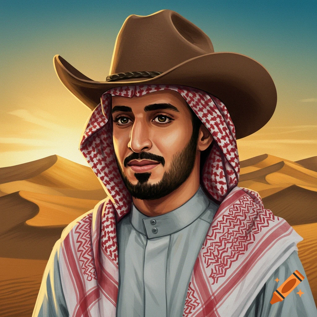 A man wearing a cowboy hat and traditional headscarf set against a desert sunset.