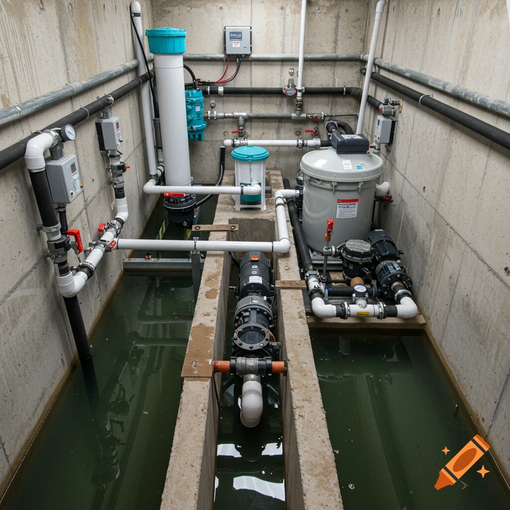 Industrial water treatment system with pipes, pumps, and tanks in a concrete pit filled with water.